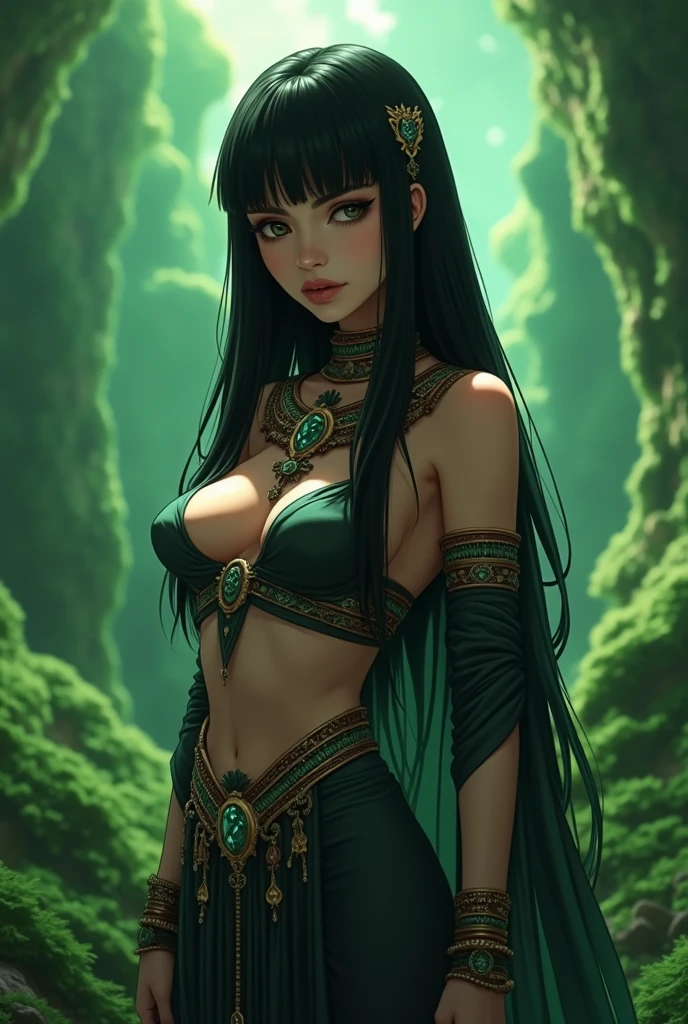 1Humanoid-looking girl, cabelos longos ondulados,cabelos brancos,olhos negros sem vida, Slim body covered by a green viscous liquid, dentes afinados exibidos, unhas pontiagudas,aka mulher larva, criatura humanoide feminina emergindo de uma caverna, corpo inteiro sendo mostrado, psychological scene, terror,medo, imagem detalhada expressiva