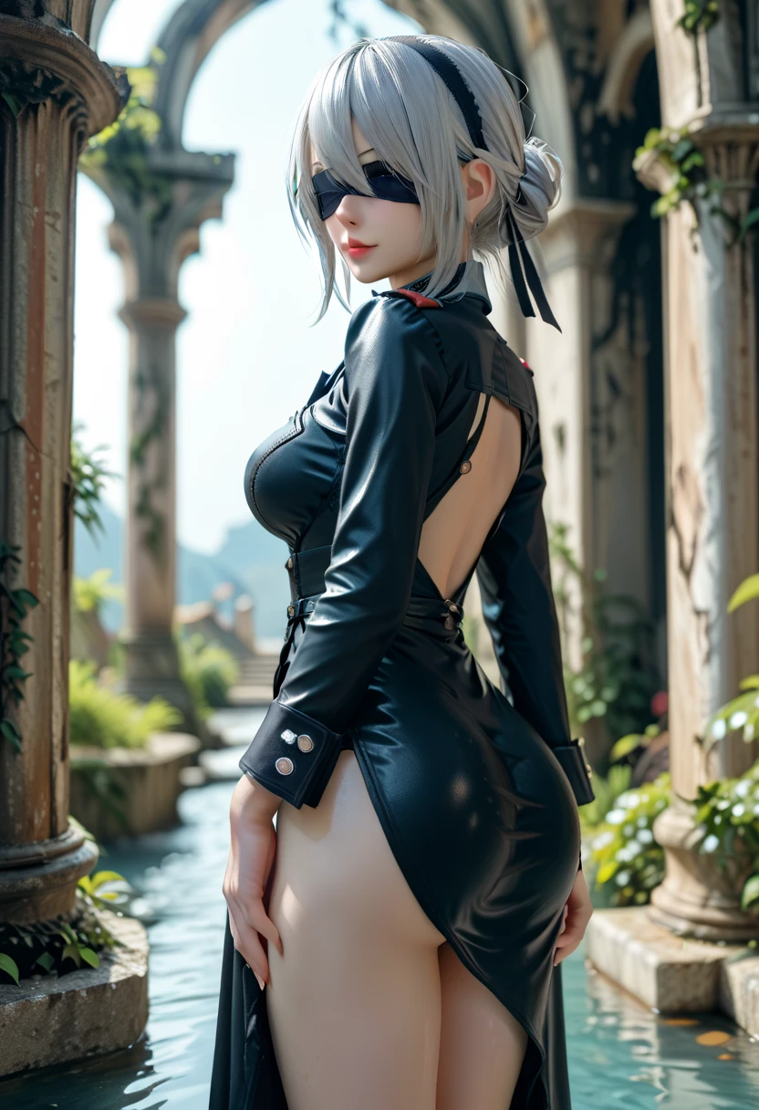 (masterpiece, best quality, cinematic, photorealistic, ultra-detailed), (1girl, female ninja), sexy body, (wide shot, from behind:1.5), perfect hands, wide hips, (bursting breasts, large cleavage:1.3), round ass, (wearing kunoichi dress, a black ensemble consisting of a tunic, tabi socks, hakama skirts, and arm guards, ninja mask and ninja hood, with green highlights:1.5), (messy short greenhair, brown eyes:1.4), (seductive pose, leaning carelessly:1.4), (detailed eyes, detailed pupils), (naked), (night, full moon)