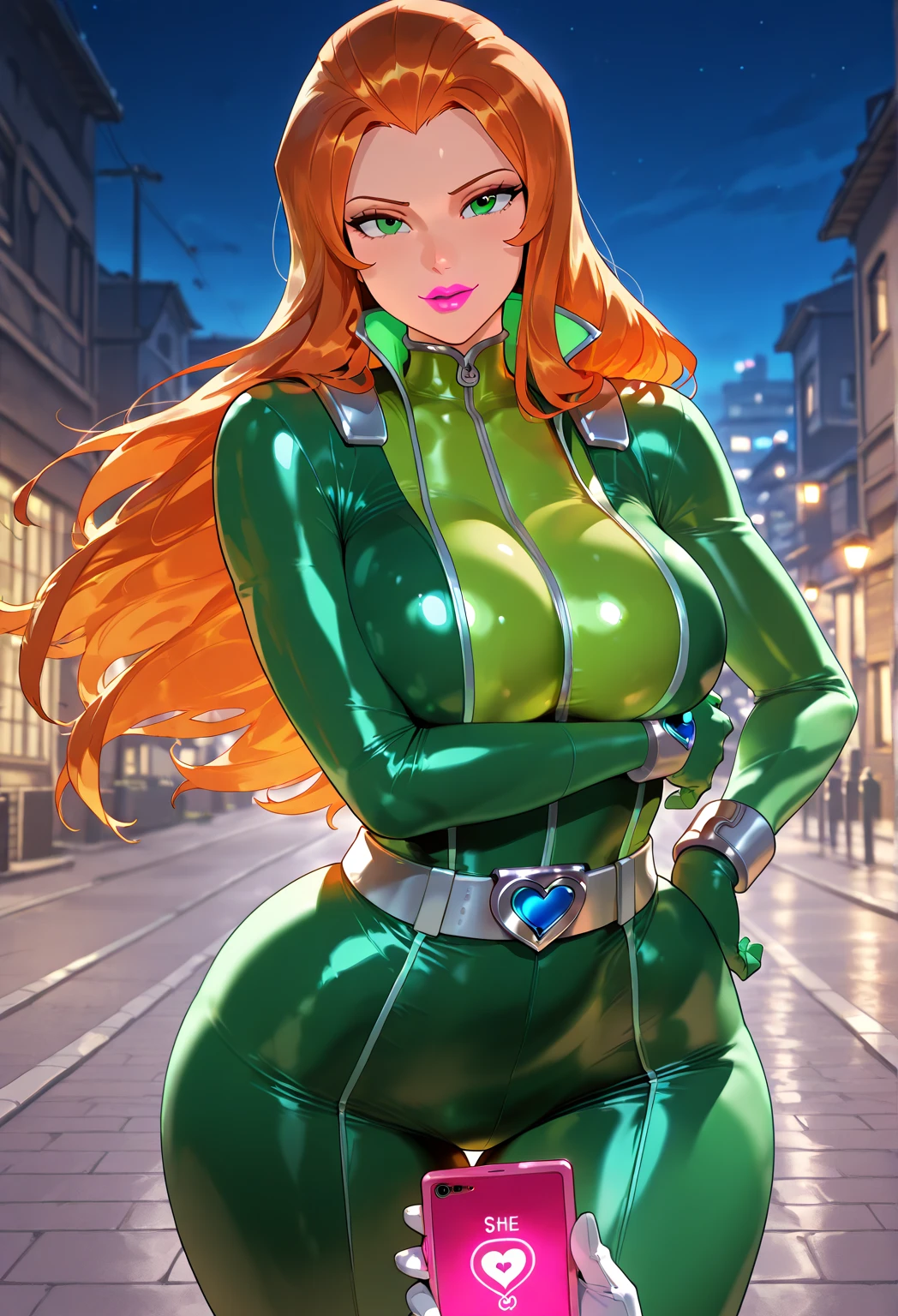 (1girl:1.3), (solo:1.3), ultra high res, intricate, hyperdetailed, (skindentation), cute, feminine, detailed body , (detailed face:1.1),(perfect eyes), 4k, beautiful, (flat chest:1.3), thick eyelashes,long eyelashes,perfect dynamic composition,(thick thighs), (wide hips), cleavage, puffy nipple, BREAK (SilenceSIzuka), (silence_suzuka_\(umamusume\)), mature female, blue eyes, eyeliner , long eyelashes, makeup, eyeshadow, orange hair, (horse ears:1.2), horse girl, (horse tail:1.2), bangs, eyeshadow, evil eyes, highly detailed clothes, heavy breathing, thick thighs, hoop earrings, necklace, jewelry, night city, on street, nignt sky, outdoors, (evil smile:1.4), open mouth, blush, seductive pose, ((purple lips)), thick lips, (huge lips), (massive lips), (parted lips), (thick lips:1.3), cowboy shot, wearing microdress, bodycon, shiny dress, elbow gloves, miniskirt, waist cutout, o-rings, BREAK (8k), (4k),(Masterpiece), (Best Quality), fantasy, extremely detailed, intricate, hyper detailed, detailed eyes,(perfect face), illustration,soft lighting,(specular lighting:1.4),shiny skin,looking at viewer