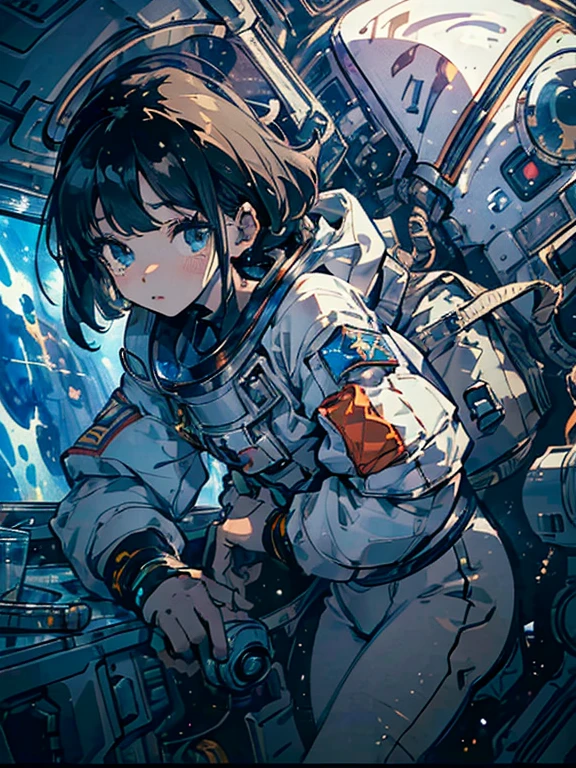 red mechanical warrior, intricate, detailed, outer space, cabbon, by Tsutomu Nihei and alan bean