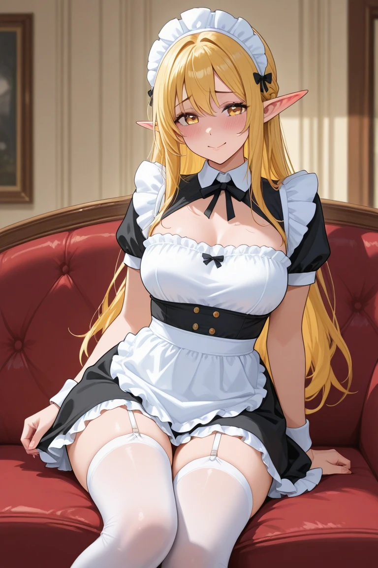 (masterpiece,best quality,ultra-detailed), an anime elf lady who is 20 years, elegant and beautiful old elf maid. She has champagne colored long hair with side-swept bangs, star sapphire slit eyes, high-elf ears, slender body shape, elf curves, wearing sexy off shoulder maid top and maid short skirt, standing with elegance and beautifully in curtsy, smiling beautifully at viewer