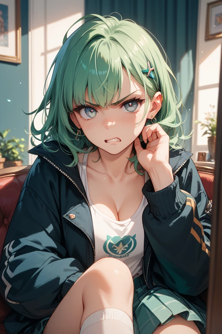 anime girl ,short green hair,wearing crop top,have small breasts, reading a book , wood