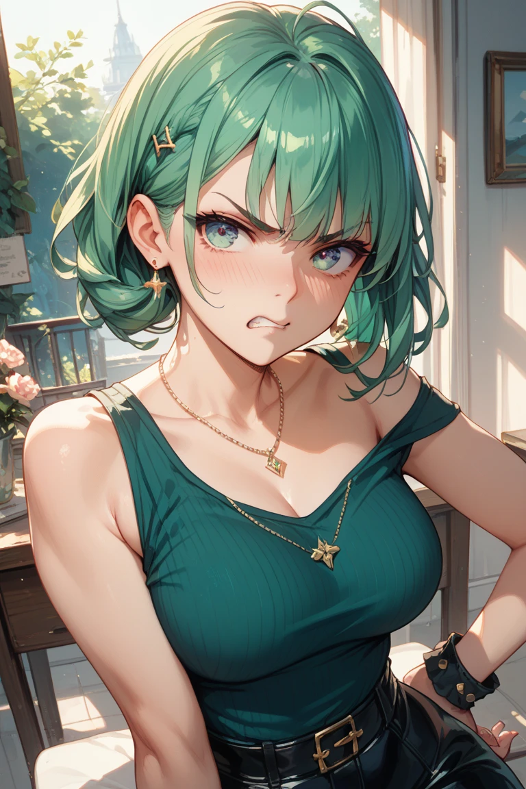 ​masterpiece、Background with（（Fantastic starry sky、kosmoeteor swarm、(((((green bob hair)))),((((bob hair cut)))), ((((green eyes))), ((black nail polish))))Luminescent yellow flowers all over the place、flower  field））、About 30 years old、a beauty girl、glamor、huge ti so big that it almost overflows from your clothes、Great embroidery on a yellow mini dress with a lot of exposed skin、No Shoulder、Exposing the chest、Taking it off、She wears her hair in a beautiful floral ornament、heavy wind、pantiy、Underwear is visible