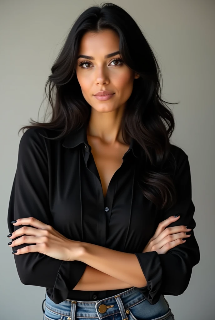 A realistic photo of beautiful italian business woman with professionnal black skirt suit, light makeup, long straight brown hair, high quality, very detailed, perfect fit, looking at the camera, detailed face