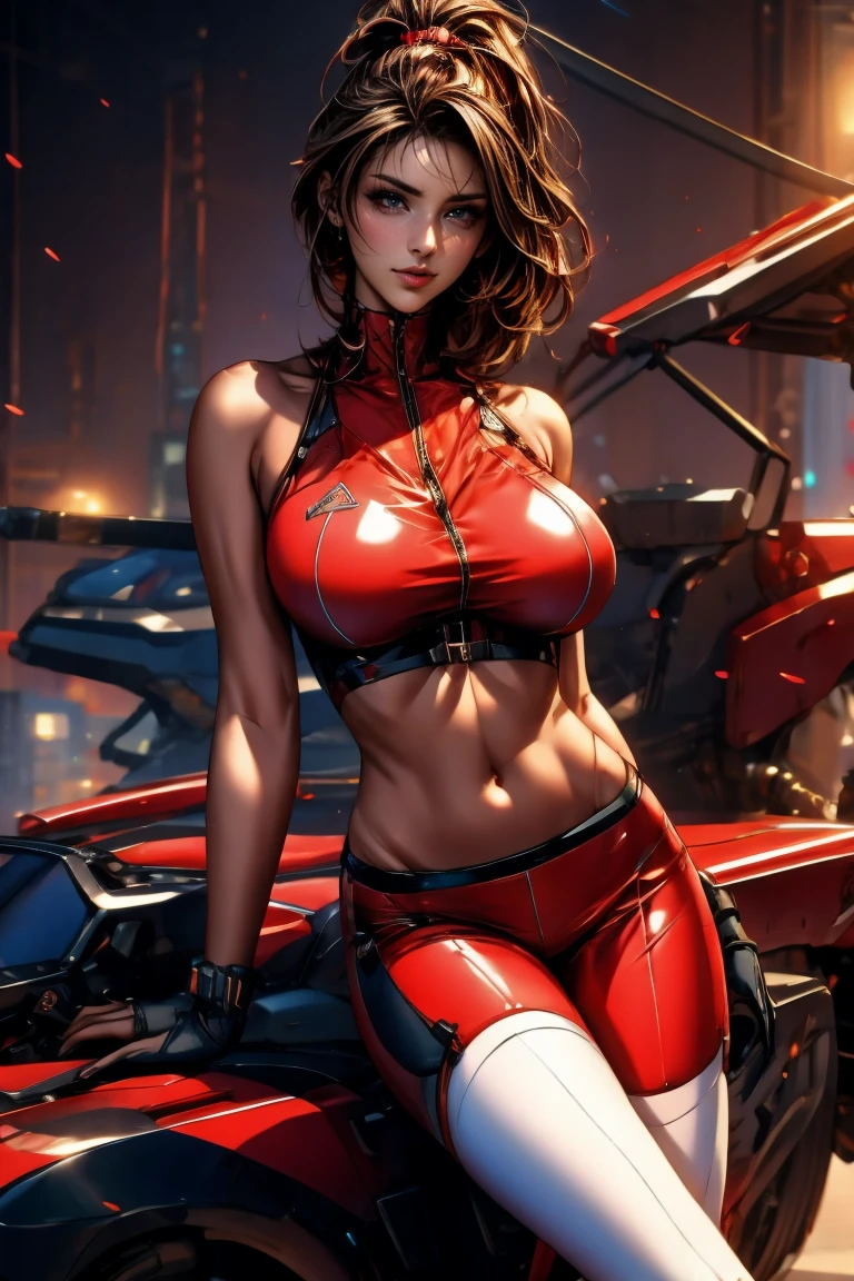 gorgeous woman, brown hair, red bodysuit, navel, cleavage cutout, mechanical antenna interface headset, looking at viewer,
blank background, white background,