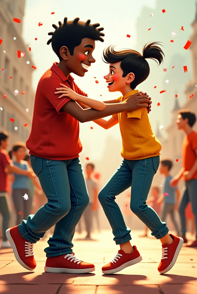 A school boy and girl, Dancing merengue music in their Olympics costumes