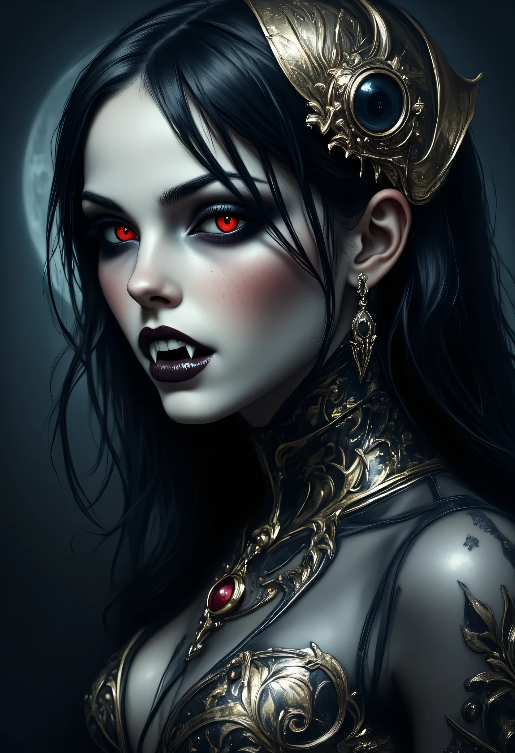 a picture of an epic beautiful female vampire, ghostly beauty, wearing transluminescent dress, black silk dress, intricate dress, transluminescent dress, transparent dress, red sleeves, epic beautiful female vampire, pale skin perfect body, ghostly beauty, serene beauty, lush hair, long hair, red glowing eyes, vampire fangs, stars entwined in the woman's hair, light caress the woman, moon light caress the dress, fantasy art, night time, the moon rises, creating award winning, photorealism, depth of field, hyper realistic, zavy-ctcmcs, Celestial Fantasy, dnddarkestfantasy, Art Deco, Dracula