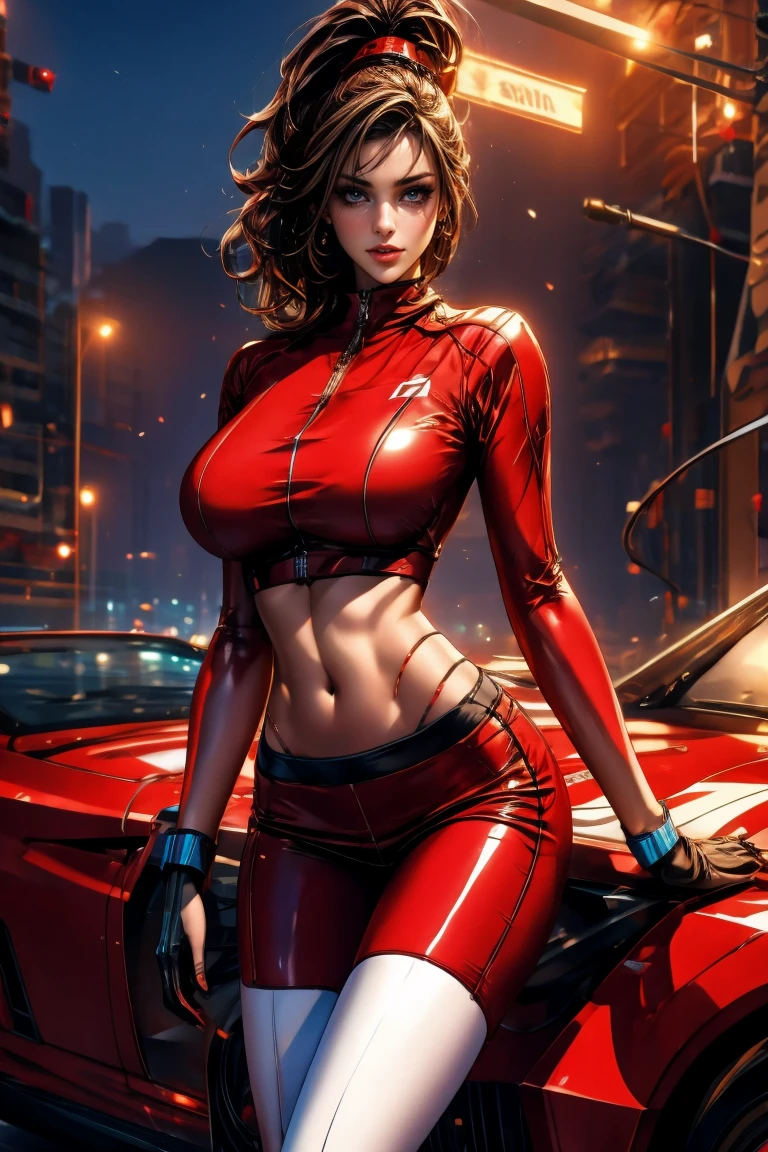 particle painting, artwork by Ilya Kuvshinov, artwork by WLOP, detail vector art, loose brush effect, luminance, ultra warm bright pastel colors, perfect hips, Riuko Matoi stretching, luminous, warm copper hair, pale, blue eyes, vector art, hazed out, artwork by Ilya Kuvshinov, bright orange-pink car show background