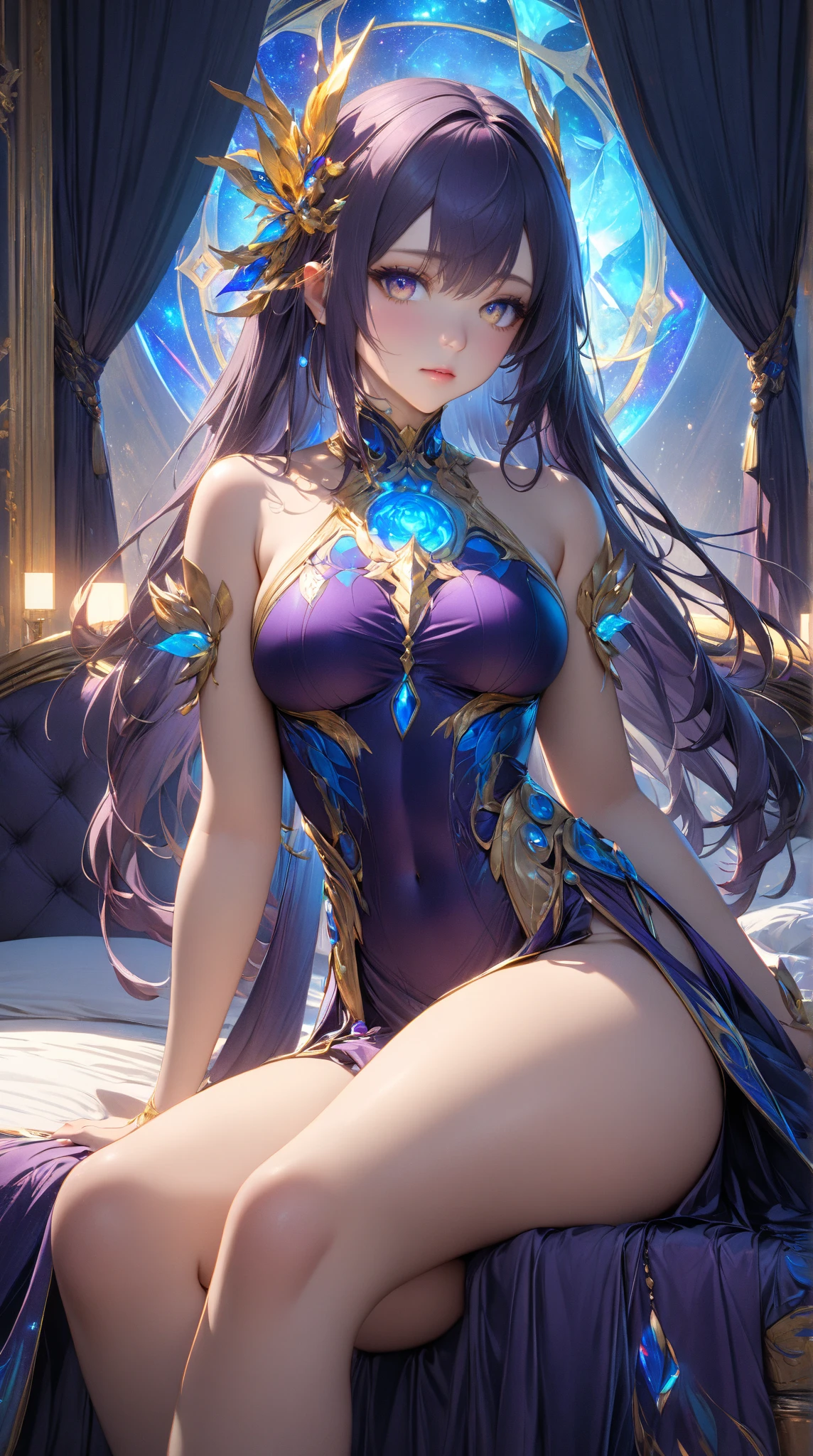 Woman with dark blue hair, butterfly wings, galaxy rainbow, leotard