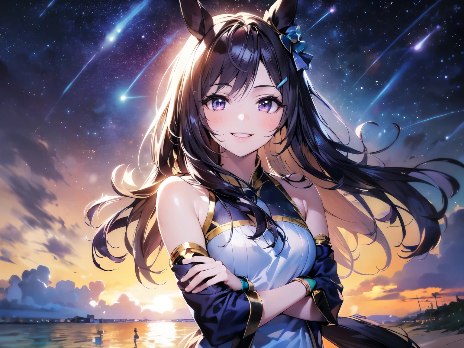 (Solo: 1.5), (Young human girl: 1.5), (Horse ears: 1.5), (Young face, small head, small face, slim, short, muscular, small chest), (Looking at camera, showing gums), (Smiling sweetly: 1.5), (Long black hair), (Hair blowing in the wind), (Stylish spring date outfit with sleeves: 1.5), (Arms hidden underneath: 1.5), (Hunker: 1.5), (Dark purple background, resort beach, starry sky: 1.5), (Strong wind), (Accurate human anatomy: 1.5), (Animated illustration: 1.5), (Amazing, high quality, high resolution), (Upper body focus: 1.5)