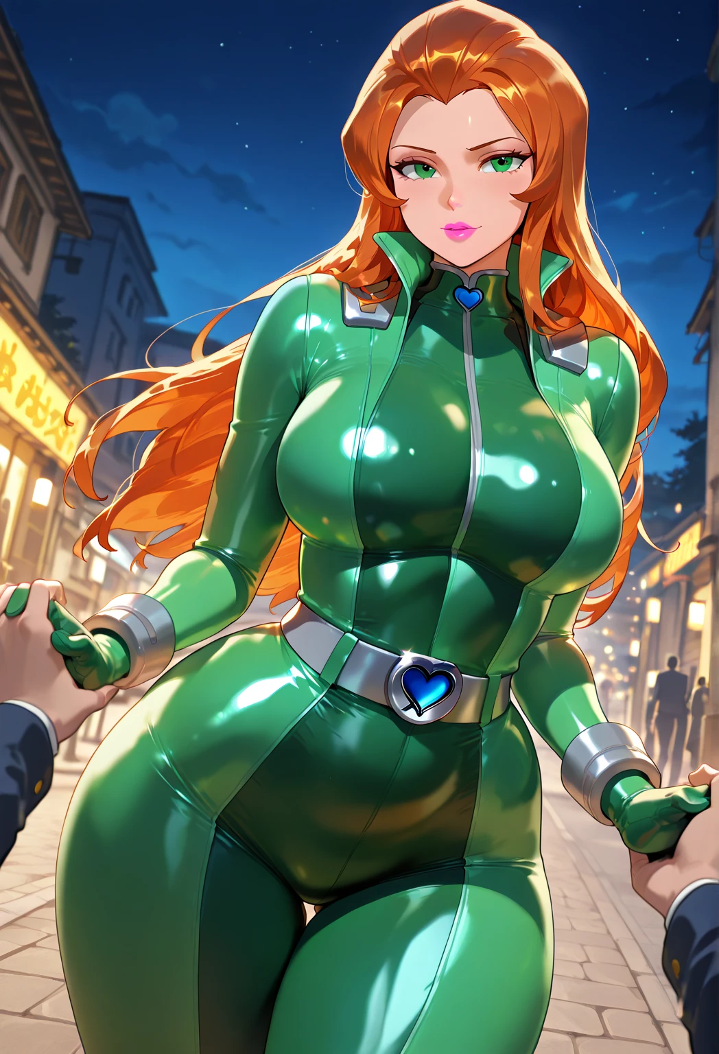masterpiece, best quality,(hoshizora rin:1.000), cowboy shot,yellow eyes, dark orange hair, long hair ,(big breasts:0.996), green latex bodysuit, mature,cat ears , night