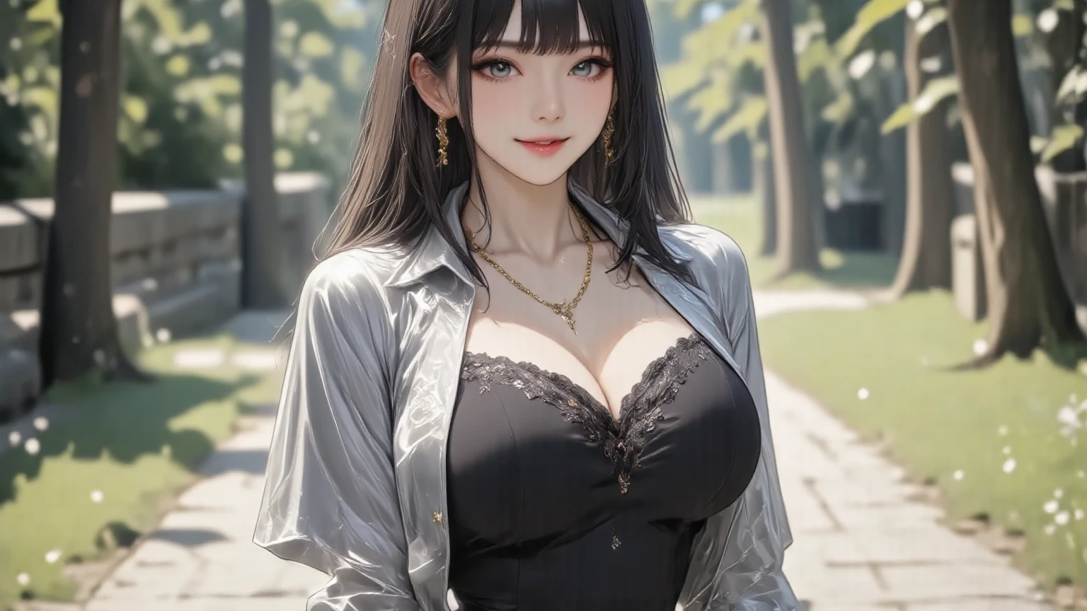 1 girl, smile, shirt, mini skirt, jirai fashion, jirai makeup, big breasts、Enchanting cleavage、exquisite female body、detailed face、detailed person、perfect human body、detailed background