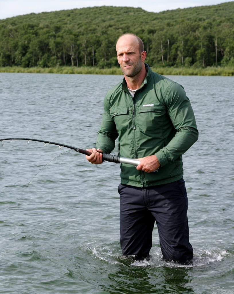 Slightly built man, Breasts without clothes, in coats, fishing on the shore of the lake, he is very happy, caught a huge fish