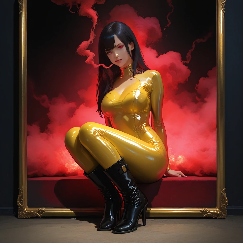 (masterpiece, Highest quality, 32K Wallpapers, Very detailed,portfolio), One girl:1.2, More Angles、highlight、Detailed face、Very talented、((Live streaming)),((Tight yellow latex suit:1.4)), ((Yellow latex gloves、Yellow latex boots:1.4)),((white latex mask:1.4)),(Overall colorful), ((Huge breasts and ass 1.8)),((Sitting on bed showing pussy:1.6)), Latex covering the whole body:1.4、Nipples、pussy,  nsfw,(((latex bondage suits)))