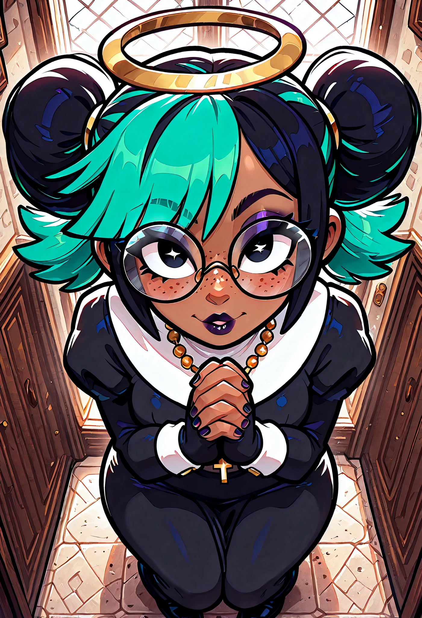 masterpiece, best quality, very aesthetic, absurdres, safe, (masterpiece), 1girl, solo, best quality, expressive eyes, perfect face, newest, perfect anatomy, flawless face, dark skinned African female with pigtails and glasses, light coming through stain glass windows in the background, dressed as a sexy nun, praying on her knees, wearing a rosary, halo over her head, in a church, multicolored hair, showing a white panty shot, upskirt, color saturation, makeup, lipstick, glossy lips, freckles, black boots, black fingerless gloves, hair blowing in wind, green hair, two-tone hair, looking up, pov from above, seductive expression, sexy look,AddXL,1girl, xhoneydx,