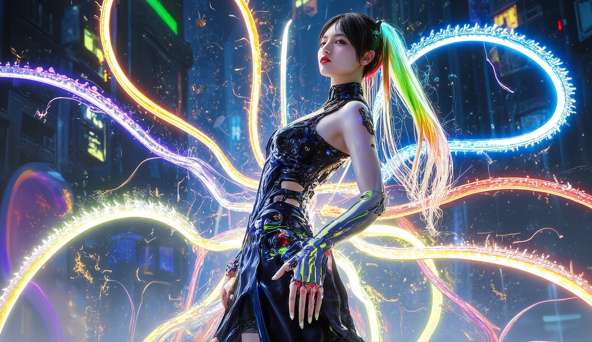 artistic concept,blank,rock color,Gold Leaf, colored particles , Color Curve ,Chen Jialing,glow in the dark, neon color ,((最high quality)), ((masterpiece)), ( details:1.4), ((( cyber with mechanical parts and clear skin Suit, rainbow color, aurora material, gray carbon material, cyberpunk beauties ))), (( opened my chest wide)), hip and thigh skin , ticker ( High Dynamic Range ), ray tracing on both hands, NVIDIA, super resolution, subsurface scattering PBR texture, post-processing, High Dynamic Range , for thin string underwear , surface shading, accurate simulation of light/Material interactions, perfect proportions , two-tone lighting, Open aperture, Low ISO, white balance on the lunar surface , 8k, , please use the viewers' judgment, ((( tall woman))), 25 year old woman with extended breasts, Bright LEDs, Knee-length, bulge, open stance, hip and thigh skin , beautiful body, belly button visible from bare skin , Big Breasts, (( Glowing LED )), ( Big Breasts: 1.0), dazzling cyberpunk cityscapes , Skyscraper, neon signs, LED Light, Bright and vivid color scheme, Bright and vivid color scheme, surprised expression , short bang , (((beautiful, shiny rainbow hair straight medium ponytail ))), anatomically accurate arms and fingers, 7 tone ,Golden Line ,Shine,Revea ,Self-illumination, flowing lines , master composition , super dreamy colors ,colorful lights and shadows, Extreme details ,finely engraved ,8k, high resolution, high quality