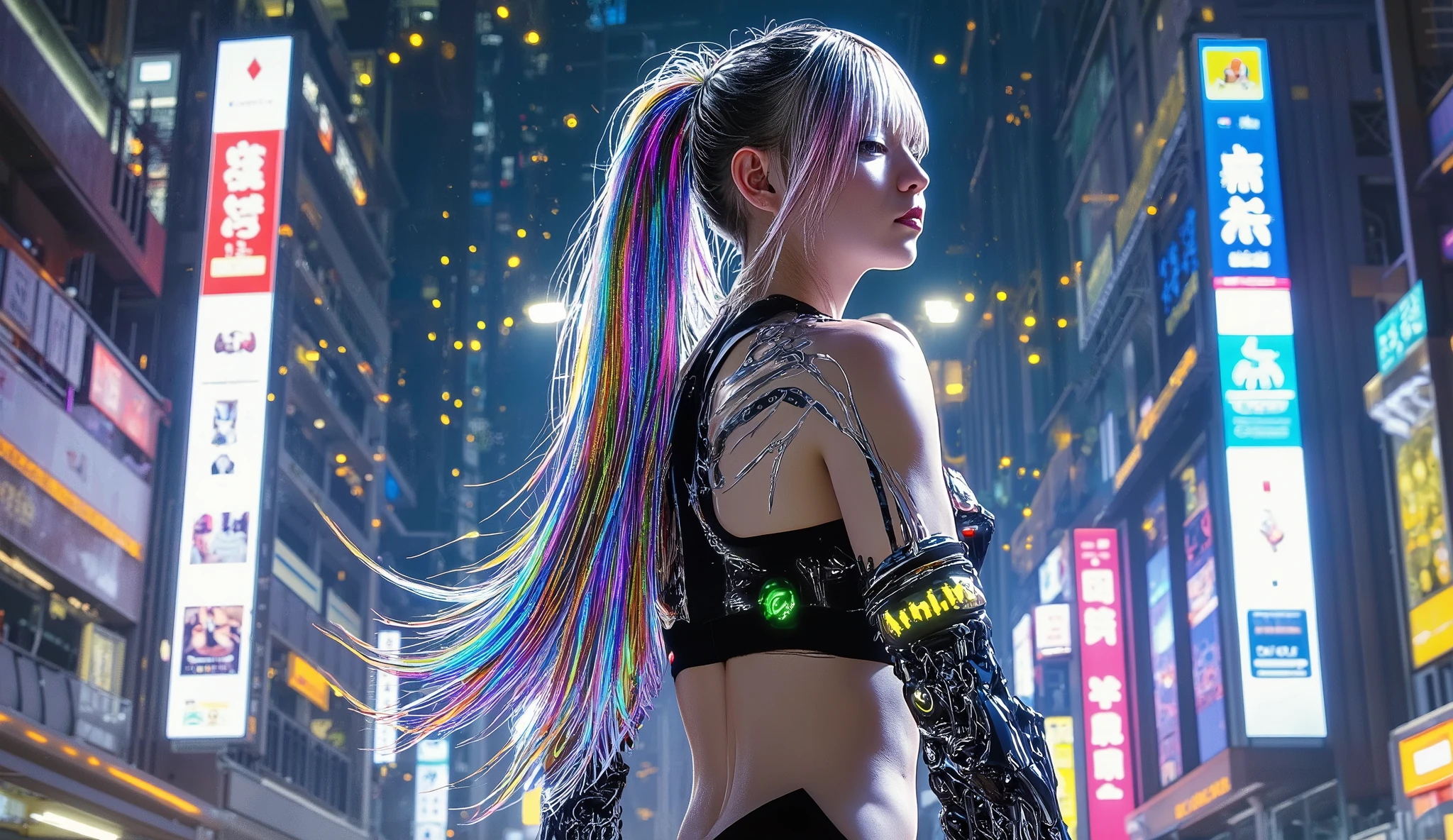 artistic concept,blank,rock color,Gold Leaf, colored particles , Color Curve ,Chen Jialing,glow in the dark, neon color ,((最high quality)), ((masterpiece)), ( details:1.4), ((( cyber with mechanical parts and clear skin Suit, rainbow color, aurora material, gray carbon material, cyberpunk beauties ))), (( opened my chest wide)), hip and thigh skin , ticker ( High Dynamic Range ), ray tracing on both hands, NVIDIA, super resolution, subsurface scattering PBR texture, post-processing, High Dynamic Range , for thin string underwear , surface shading, accurate simulation of light/Material interactions, perfect proportions , two-tone lighting, Open aperture, Low ISO, white balance on the lunar surface , 8k, , please use the viewers' judgment, ((( tall woman))), 25 year old woman with extended breasts, Bright LEDs, Knee-length, bulge, open stance, hip and thigh skin , beautiful body, belly button visible from bare skin , Big Breasts, (( Glowing LED )), ( Big Breasts: 1.0), dazzling cyberpunk cityscapes , Skyscraper, neon signs, LED Light, Bright and vivid color scheme, Bright and vivid color scheme, surprised expression , short bang , (((beautiful, shiny rainbow hair straight medium ponytail ))), anatomically accurate arms and fingers, 7 tone ,Golden Line ,Shine,Revea ,Self-illumination, flowing lines , master composition , super dreamy colors ,colorful lights and shadows, Extreme details ,finely engraved ,8k, high resolution, high quality
