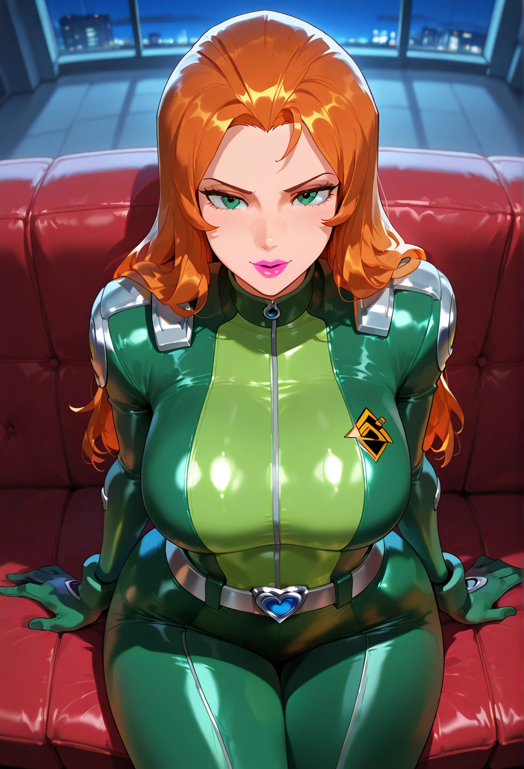 long orange hair, green eyes, large cleavage, red lipstick, black latex boots