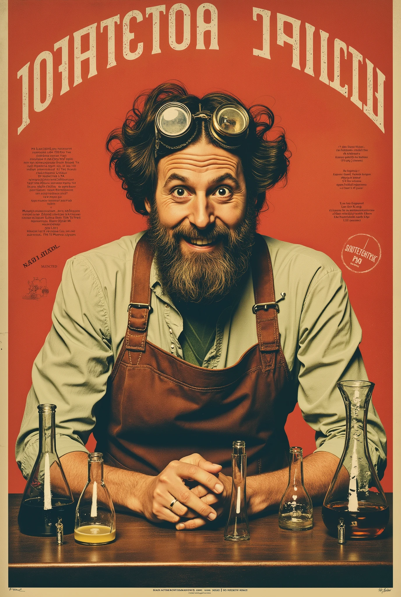 Retro vintage soviet poster, 2-D art, hand drawing, simple lines graphic, a man, mad scientist with wild hair and a bushy beard, dressed in a worn leather apron and goggles perched on their forehead, 1920s agitation style, in the lab, surrounded by test tubes and flasks, smile, laughs, good funny eyes, primitive Picture, masterpiece, High Quality, Ultra resolution.