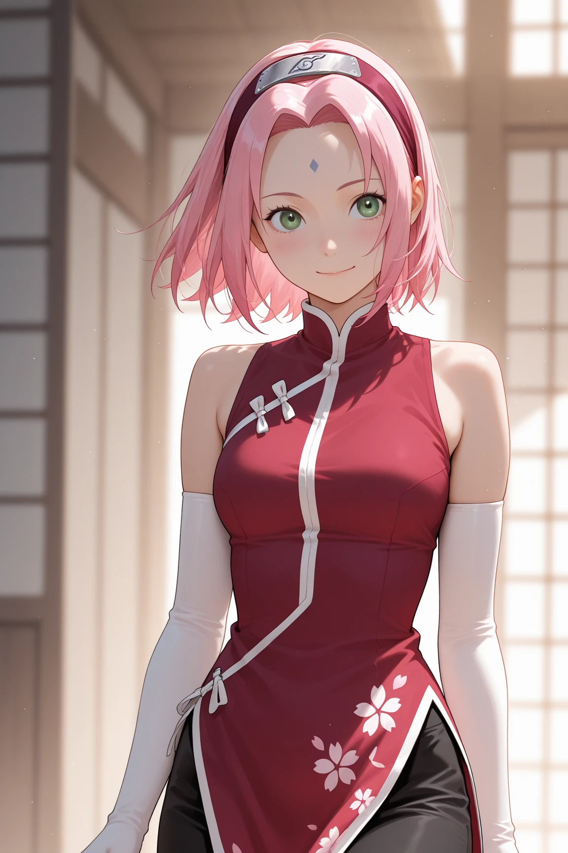 haruno sakura, sem roupas , nuas, naruto \(series\),(pernas,pernas nuas,coxas:1.2), 1girl, faixa azul, flores de cerejeira, olhos verdes, sorriso, entradas de cabelo, headband on head, jaqueta, cabelo longo, olhando para o espectador, cabelo rosa , jaqueta vermelha, sketchfab, sem mangas, jaqueta sem mangas, seios pequeno