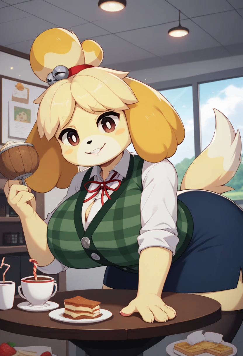 (Highest quality, incredible details, 8k, 4k, uhd:1.3), {by honeycalamari, by joelasko, by cherrikissu, by null-ghost, by meesh}, subsurface scattering, cast shadows, BREAK female, isabelle \(animal crossing\):1.3, isabelle, green office clothing, dark green office skirt, office,