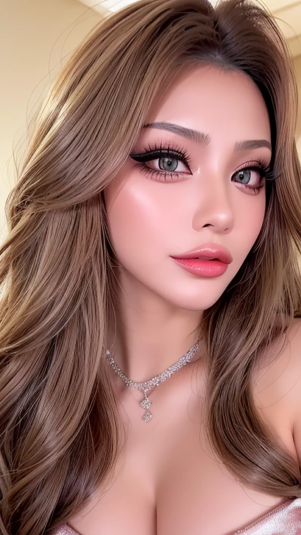 ((Highest quality, Ultra-high resolution、The most complex and detailed depiction))、(Bright lighting:1.1)、(Beautiful woman:1.1)、(Long Wavy Hair:1.05), (Accurate anatomy:1.1)、Colored contact lenses、Perfect Makeup、Pink lipstick、Highly saturated eyeshadow、Shiny metallic bodycon、Blurred Background, Look at me and smile、Luxurious Room、(Ultra-high resolution gloss, Fair skin:1.1)、Ultra-high resolutionの顔、Ultra-high resolutionの髪、Ultra-high resolution sparkling eyes、Ultra-high resolution glossy lips、Beautiful face drawn in every detail、Ultra-high resolution perfect beautiful teeth、(Bright and vivid:1.1), whole body, Beautiful legs in every detail