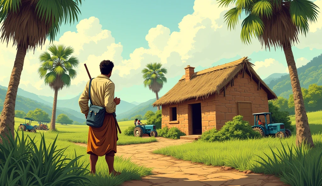 It's morning. The rays of the sun are filtering through the trees and falling on the ground. There is a chirping of birds all around. Raghu comes out of his small hut, has a stick in his hand and a bundle on his shoulder.)