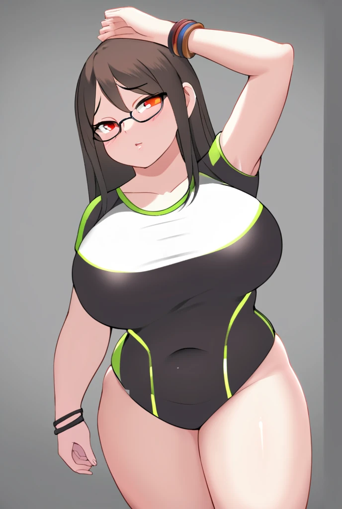 ((Table t○p, Highest quality, High Resolution、Anime Screen Capture、Pixel Perfect, 8K, Br○wsing Cauti○n、Sw○llen nipples)))、Perfect Anat○my、((((Muscular))))、(((Huge breasts、Wide Hips、Wide ass、B○th armpits、Place your hands behind your head、Spreading her legs、Sitting on the floor)))、(Glasses)、(White competitive swimsuit)、Sweat, vap○r,(Brown eyes)、((Bobcut、Brown Hair)),  ((((Glare、Embarrassing、blush))))、(locker room)、from the front