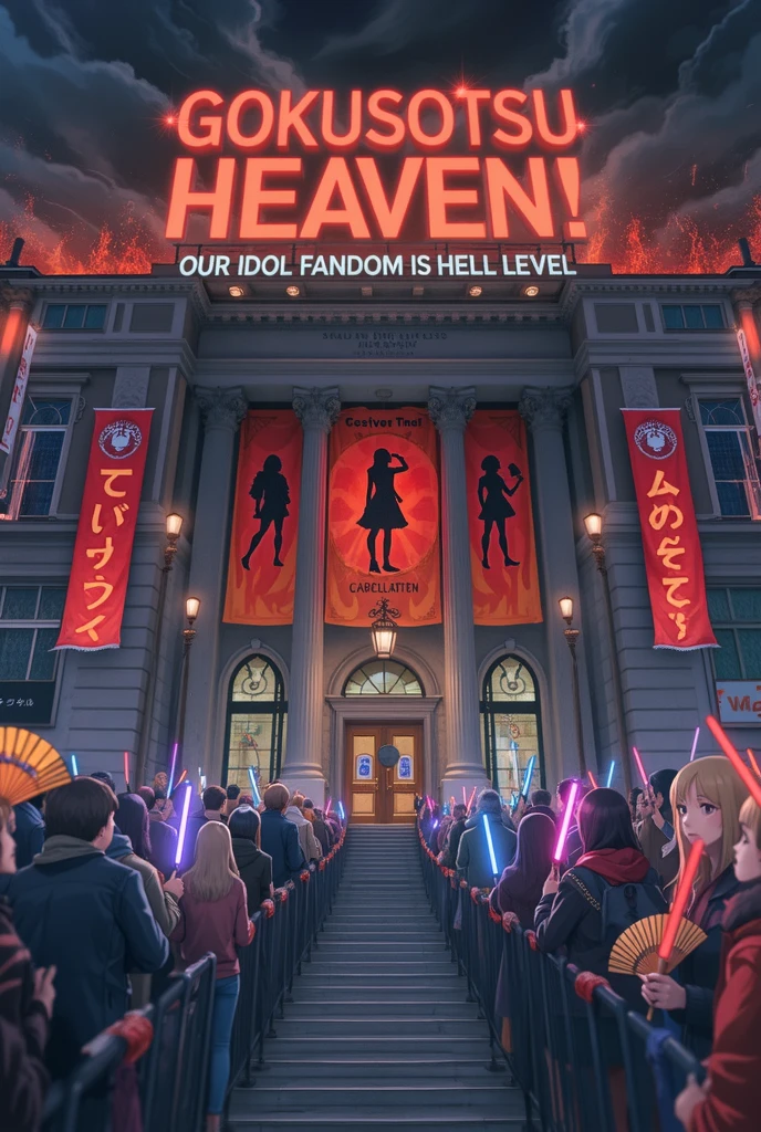 High-quality cinematic animation. The camera reveals a towering, ominous Japanese-style temple nestled in a volcanic landscape, with fiery magma rivers flowing in the background. The movie title, "Gokusotsu Heaven", shines with a brilliant, neon glow above the temple. The eyes of the demonic mask carved into the temple entrance pulse with an eerie red light. The red rope-like LED lamps adorning the temple gate flicker and blink with vibrant energy, illuminating the path leading inside. Long lines of enthusiastic anime fans, clutching glowing サイリウム (cyalume/penlights) and 扇子 (sensu/folding fans), move past imposing Jizo-shaped ticket checker displays and enter the gate. The atmosphere is a unique blend of hellish dread and J-Pop idol enthusiasm, conveying a sense of otherworldly excitement.
Cinematic animation, vivid colors, intense lighting.