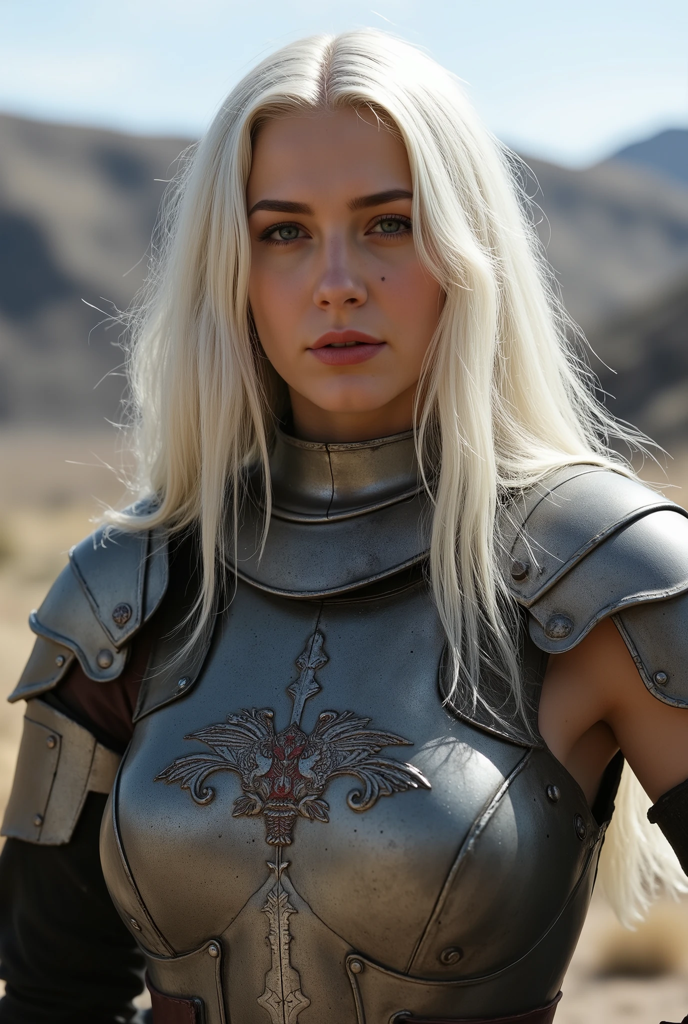 Woman standing, front view, full body, realistic, medieval armor, white hair