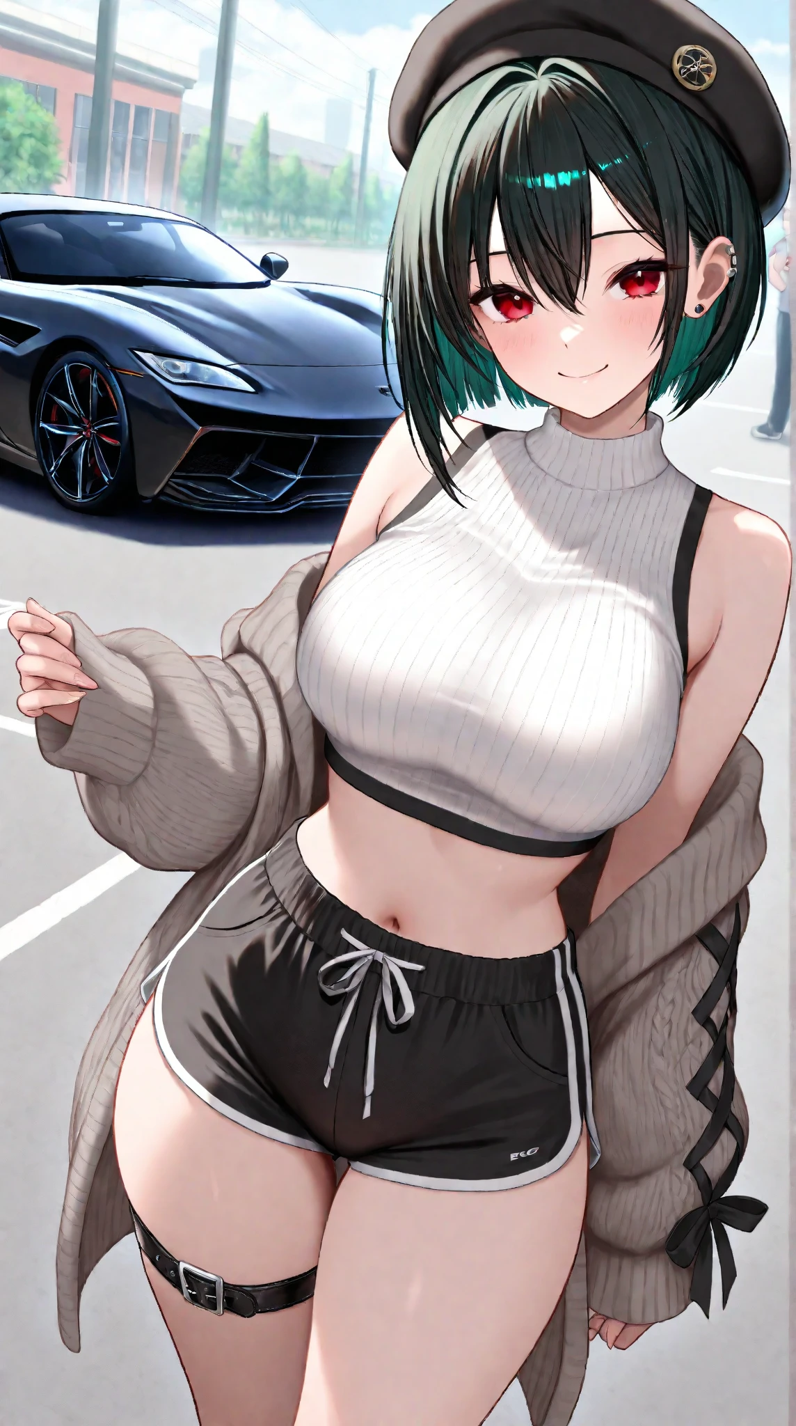 1girl, large breasts, breasts, thick thighs, wide hips, green hair, very short hair, short hair, yellow eyes, bikini, black bikini, neon trim, green neon trim, smile, smirk, smug, futuristic, science-fiction, tech, shoes, sneakers, green neon trim, green trim, v-string, race queen, car, sports car, sport car, motor vehicle