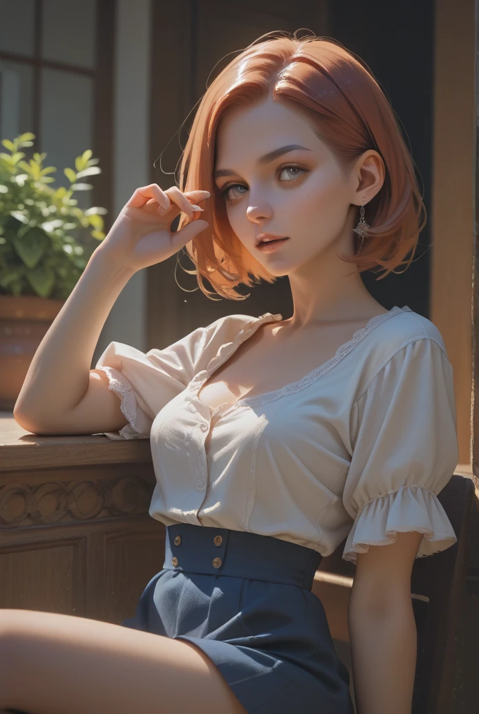 the most realistic view of the most beautiful short light auburn red hair girl ever, standing on a corner of a street in an old European town in Italy at night, crop top, breast showing, photorealistic.