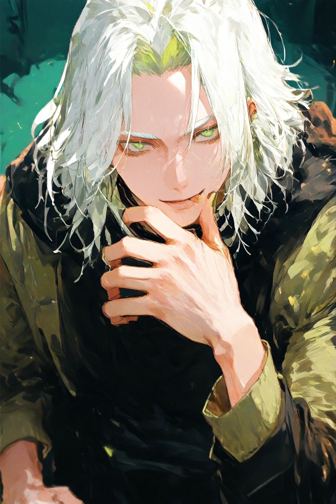 man, white hair and green eyes with cat pupils