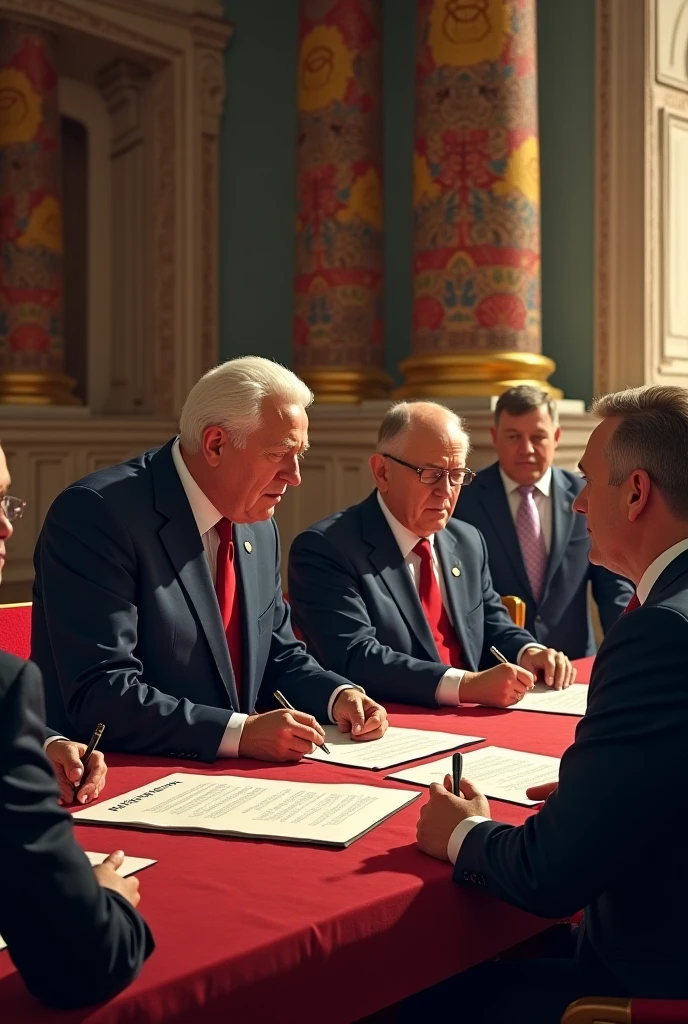 Create an image of an old, well-lit living room with French flags, Germany, England, United States and Russia, with men dressed in old-fashioned clothes representing the countries signing the Treaty of Versailles in 1919 that ended the First World War. Add more flags. The men are signing the treaty