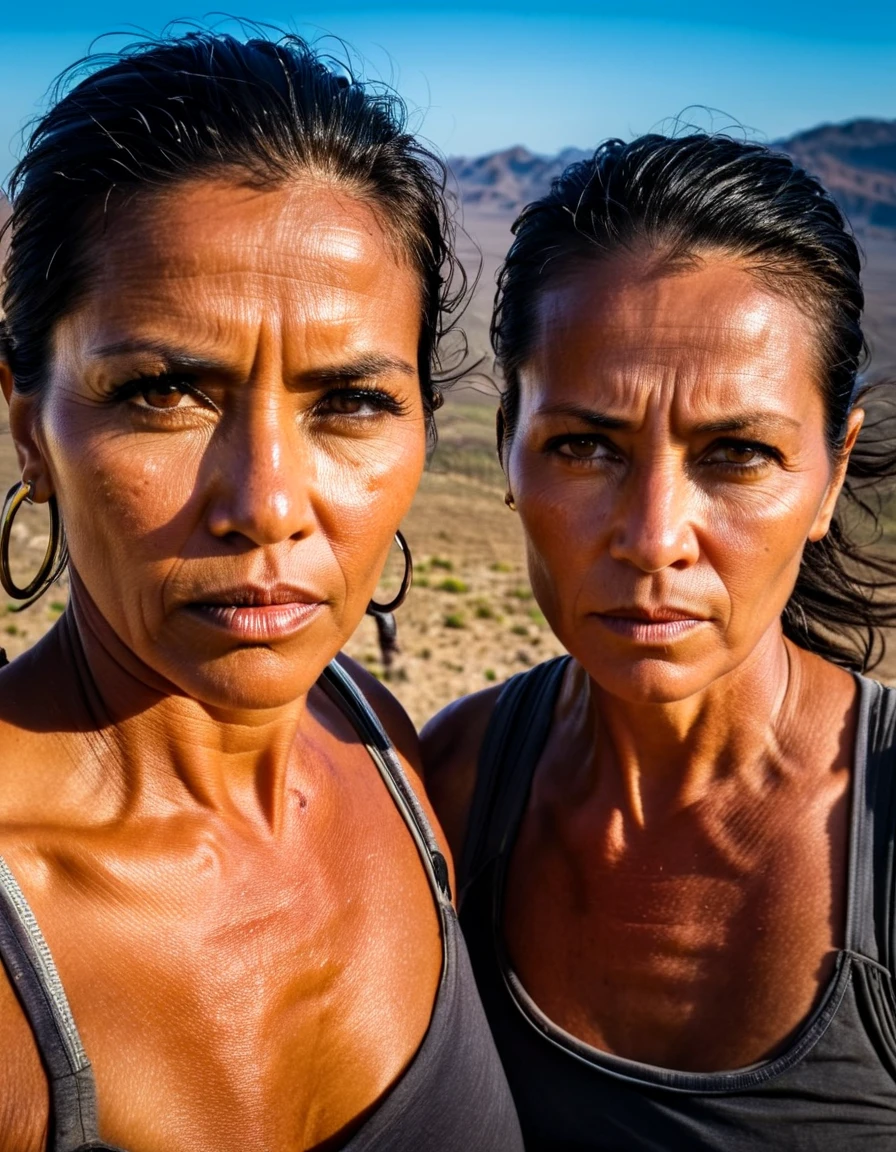Gritty dramatic shot of two determined 48-years-old middle-aged warrior women trying to survive. From Arabic countries. Natural breasts exposed, In a harsh hot environment. zoomed out half-body and face and landscape photo. looking at the camera, dslr, ultra quality, sharp focus, tack sharp, dof, film grain, Fujifilm XT3, crystal clear, 8K UHD, highly detailed glossy eyes, high detailed skin, skin pores