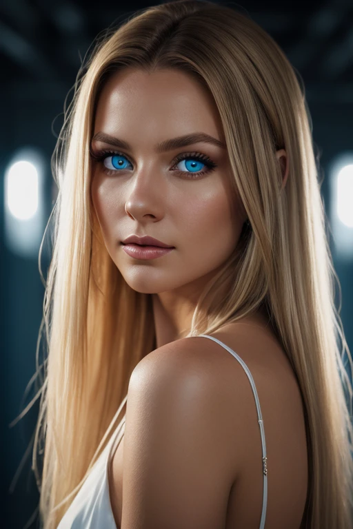 ((A realistic photo of a 23-year-old girl)), ((extremely beautiful)), (platinum blonde), (blue eyeedium long wavy hair), (medium breasts:1.4), (body fit: 1.0), (slender aboderate hips: 1.4), (realistic eyes), (subtle makeup), (alone), ((mouth closed)), (Shiny skin), (shiny lips), ( gaze), (perfect teeth), (realistic teeth), (detailed teeth), (perfect fingers), (realistic fingers), (detailed fingers), (charming countenance), (ultra detailed face), (ultra realist face), (ultra detailed eyes), (ultra realist eyes), ((ultra detailed irises)), (same color eyeest Quality: 1.3), (8k), (masterpiece: 1.3), (UHD), (realistic: 1.hotorealistic: 1.3), (Smoother lighting:1.05), (nffsw), (Wallpaper), (High resolution), (Carl Zeiss 85mm F/1.4), (NSFW), (Raw photo), (Sharp Focus: 1.4), (Increase body line mood:1.1), (Increase skin texture beauty:1.1), (detailed skin:1.3), (eyes symmetrical), (symmetrical face), ((Unreal Engine 5)), (looking at the camera), ((full body), (wearing dusky blue seamless skirt and dusky blue long sleeve crop top in a club), (portrait)