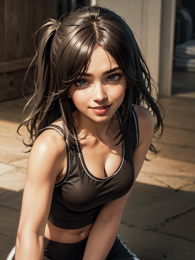 (best quality), 1girl, female, tanned skin, black hair, high ponytail, side swept bangs, long hair, green eyes, perfect eyes, tan lines, athletic, smug, masterpiece, anatomically correct, highres