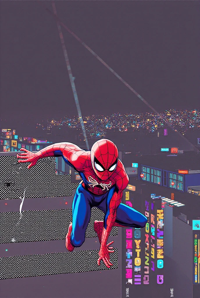 favre,Masterpiece,best quality,flat colors,illustration,2d,<lora:malikafavre-04:0.6>,comic book style,flat colors,Spiderman,man,(crouching down, spider-man pose, back to camera),facing away,male toned body,perched on top of a high metal construction site,spiderman mask,overlooking manhattan,buildings,somber moment,skyscrapers,looking down,detailed background,day time,(wide shot),foreshortened perspective,3-point perspective,dutch angle,