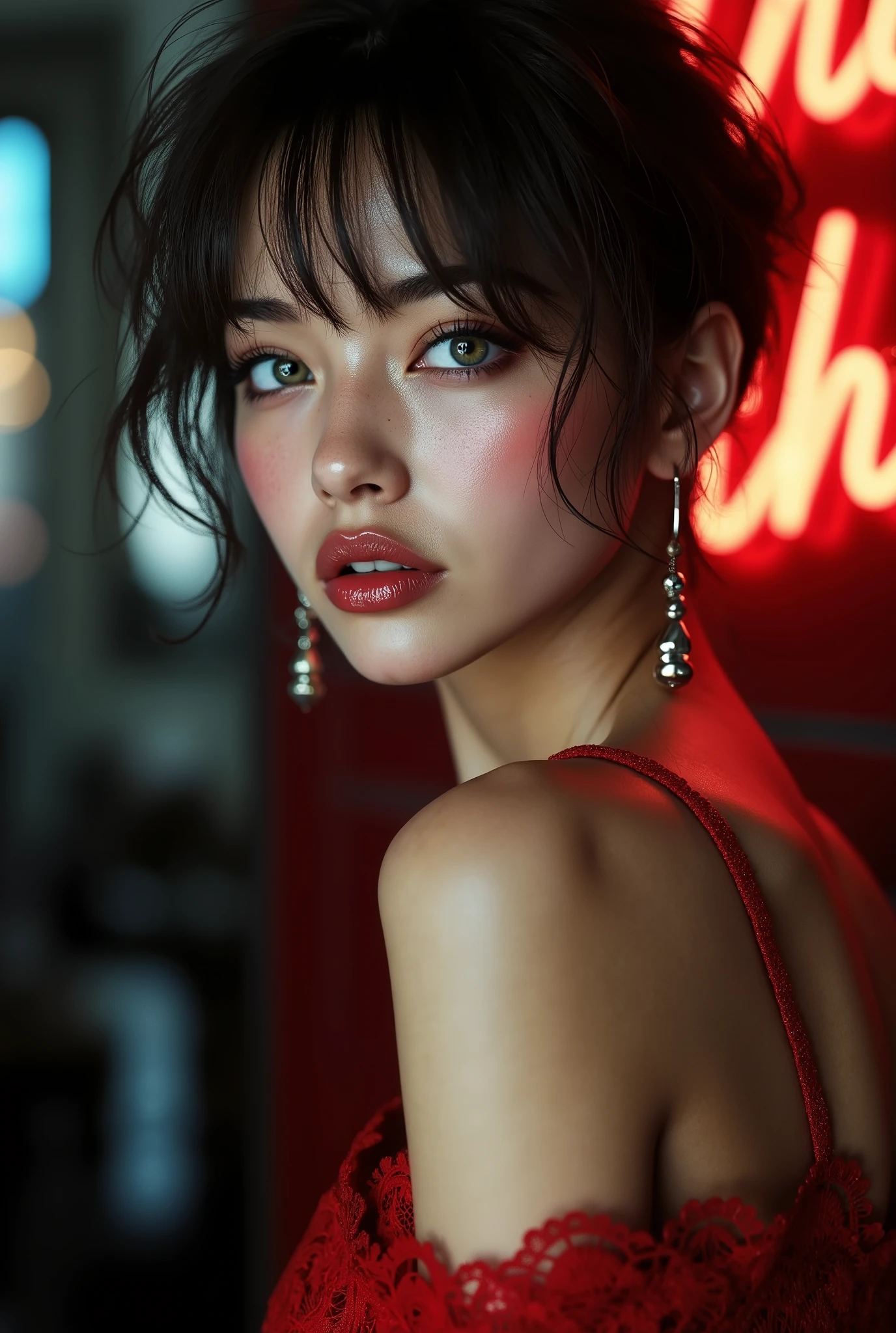  [Style: - "8k, masterpiece, realistic, Photorealistic realism, Hyper high resolution" - "highest quality, intricate ultra-detailed digital art"] (Key Directive: - "The priority is the anatomical accuracy and texture of the materials" - "Ultra-sharp human eyes with biological accuracy") {Character: "a beautiful girl, [((firm and full breasts:1.35))]" | Face: "[[full lips, pink lipstick, intense gaze]]" | Eyes: - "((sharp focus, no blurry eyes, Hyper absurd quality, Hyper details, Hyper realistic green eyes:1.3))" - "(extra narrow eyebrows)" - "(Carefully draw Long blue_mascara:1.3)" - "(perfect round eyes)" | Hair: "Natural ((Wave)) Short Hair , ((pixie cut)), Voluminous updo" | Pose: "elegant pose" Outfit: [Top: "modest office suit {white,erotic,[leather:1.25]}, (shiny accessories)" | ["lace ((red undershirt:1.23))"] Environment: "((Sex Shop))" Lighting: "studio lighting, monochromatic, striking contrast, dramatic shadows" (Rendering engine: "Unreal Engine 5 path tracing, 16K texture maps") | The ultra-Highres,Unreal 5,Subsurface scattering,PBR Texturing,Post-Processing,Anisotropic Filtering,depth of fields,Maximum Sharpness and Sharpness,multi-layered texture,Albedo and Specular maps,Surface Shading,Precise simulation of light-material interactions,perfectly proportions,Octane rendering,Two-tone illumination,Wide Aperture, low ISO, white balance, The rule of thirds