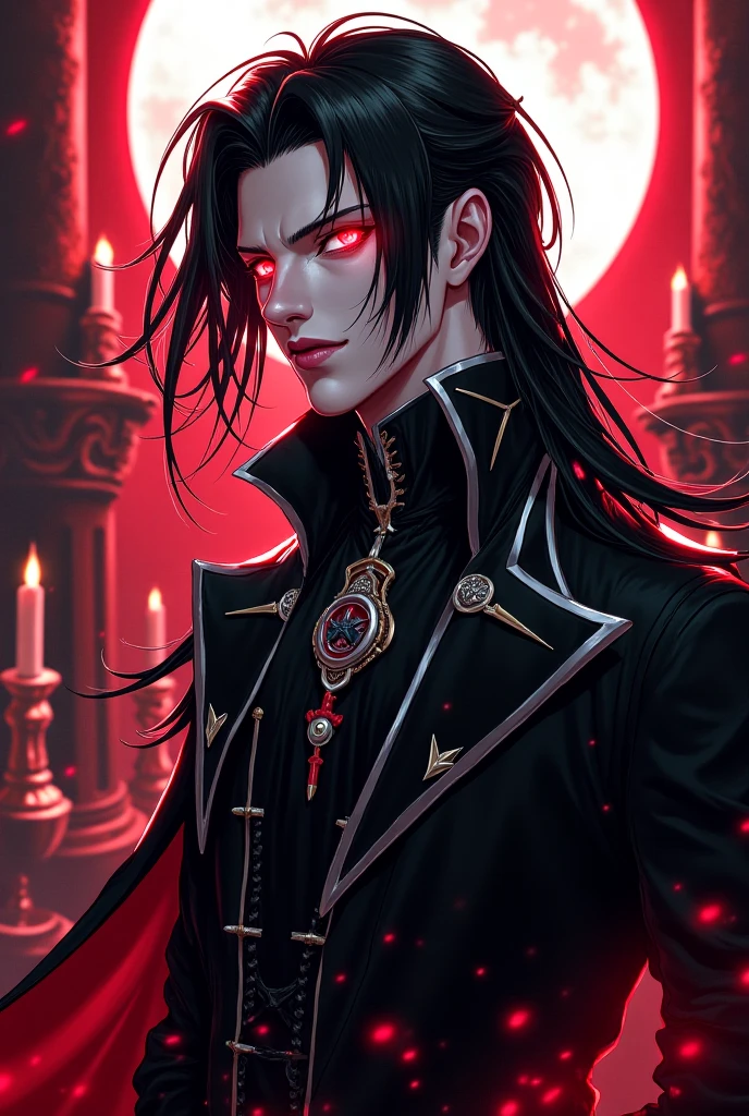 um vampiro muito bonito, esguio, corpo masculino, Rosto detalhado, corpo detalhado, cabelos pretos, wearing a black suite, respingos de sangue, cabelos pretos, Brincos, o fundo velho castelo fantasia, sangue flutuando.