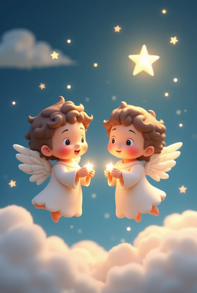 Image Imagine a stylized Gemini sign, represented by two male child angels. Each angel is dressed in light and delicate robes, with soft and shiny wings. The two angels are in a pose that shows connection and harmony., maybe flying together or touching hands. The background could be a starry sky or soft clouds., highlighting the celestial aura of the angels and the symbol that says Gemini. 