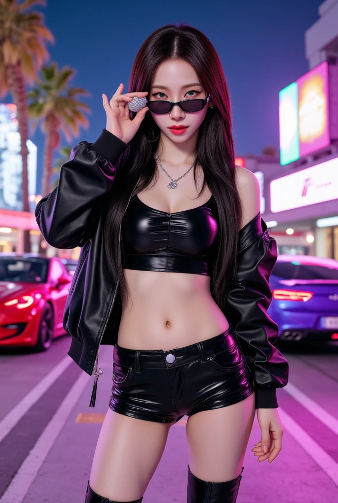 Full body photo oF 23 year old European girl with boy ceo, beautiful woman, semi-open strawberry lip, dimples, sedutice expression, (extra long wavy brown hair), pale skin, ((cyberpunk megacity environment at night)), (color fresco), camera pose, ((short black latex skirt)), tough boy style, ultra focused face, intimidating, smiling, short and messy hair, muscles (( oFF-shoulder crop top)),posing provocative, cameltoe, sitting with legs spread, longing gazing hungy sexy facial expression, arms behind head, hands not visible