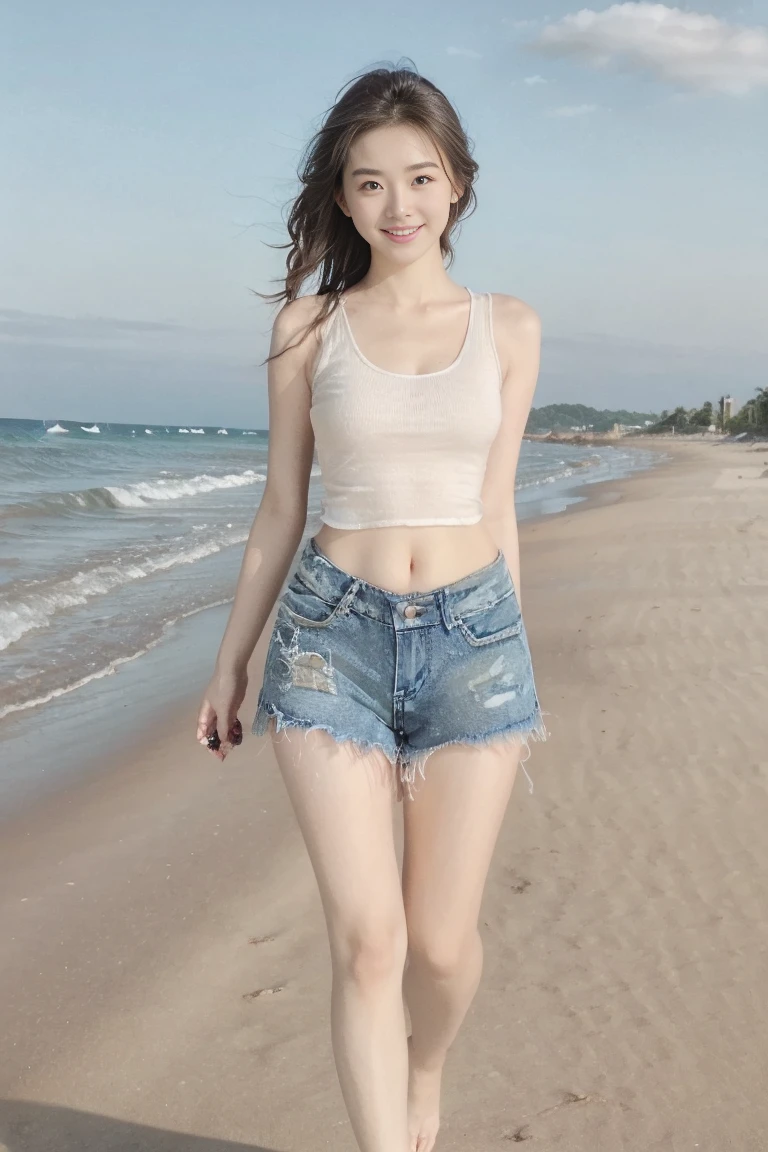 13 years old , 1 Girl,, Off the shoulder, Summer Afternoon、Tank top、Extremely short hot pants、thin、healthy、Active、Play,whole body、barefoot、Looking up、thin目、Slit eyes、Slanted Eyes、barefoot、Sandy Beach、Confused eyes、Belly button、Embarrassing gesture、Embarrassed look
