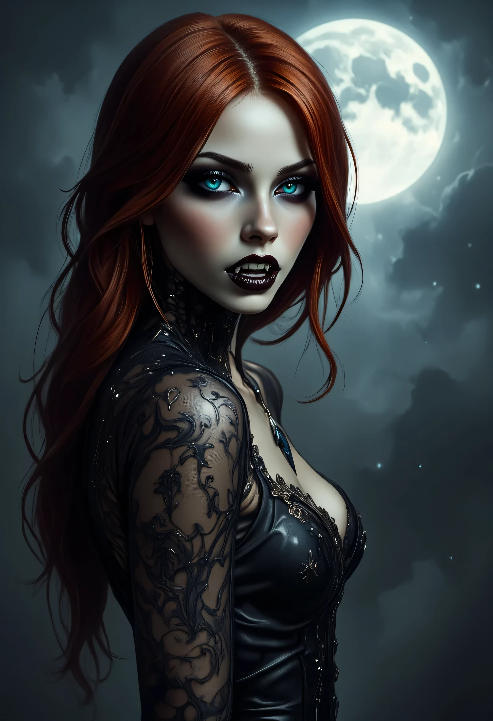 a picture of an epic beautiful female vampire, ghostly beauty,  wearing transluminescent dress, black silk dress, intricate dress, transluminescent dress, transparent dress, red sleeves, epic beautiful female vampire, pale skin perfect body,  ghostly beauty, serene beauty, red hair,  lush hair, long hair, blue glowing eyes, vampire fangs, stars entwined in the woman's hair, light caress the woman, moon light caress the dress, fantasy art, night time, the moon rises, creating award winning, photorealism, depth of field, hyper realistic,  zavy-ctcmcs, Celestial Fantasy, dnddarkestfantasy, Art Deco, Dracula
