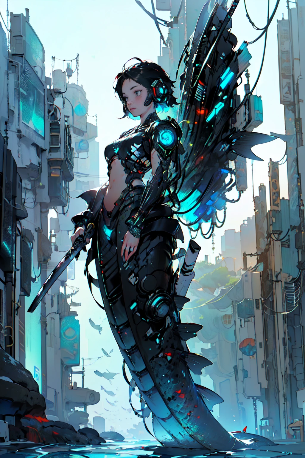 cyber punk perssonage，（A woman），Vest line，with short black hair，Mechanical heart，Mechanical wings，A tech building in the distance，tmasterpiece，A high resolution，8K