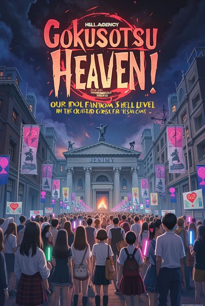 High-quality cinematic animation. The camera reveals a towering, ominous Japanese-style temple nestled in a volcanic landscape, with fiery magma rivers flowing in the background. The movie title, "Gokusotsu Heaven", shines with a brilliant, neon glow above the temple. The eyes of the demonic mask carved into the temple entrance pulse with an eerie red light. The red rope-like LED lamps adorning the temple gate flicker and blink with vibrant energy, illuminating the path leading inside. Long lines of enthusiastic anime fans, clutching glowing サイリウム (cyalume/penlights) and 扇子 (sensu/folding fans), move past imposing Jizo-shaped ticket checker displays and enter the gate. The atmosphere is a unique blend of hellish dread and J-Pop idol enthusiasm, conveying a sense of otherworldly excitement.
Cinematic animation, vivid colors, intense lighting.