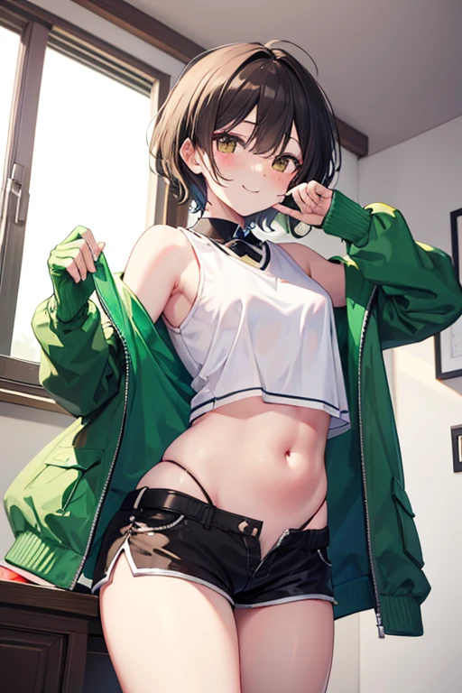 Puppy girl, brown hair, pigtails, Exposed belly, short pants, sexy body