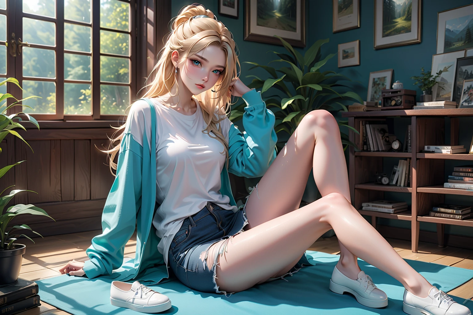 Image of a girl sitting on the floor in a sexy and sensual way, inspirado em Hermione Hammond, uma jovem bruxa, Hermione Granger, realistic fantasy illustration, Hermione, segurando uma varinha, inspirado em Magali Villeneuve, No estilo de arte de Bowater, holding the elder wand, estilo de arte charlie bowater, fanart realista, Segurando a parede, hermione sensual, camisola