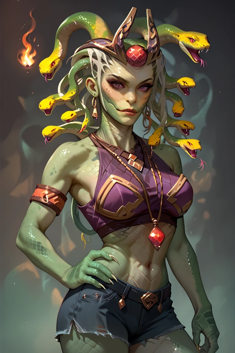 ((masterpiece,best quality)),
<lora:Twinrova:0.8>, Twinrova, fire hair, ice hair, twintails, green skin, yellow eyes,
smug, upperbody, belt, looking at viewer,
cinematic composition,