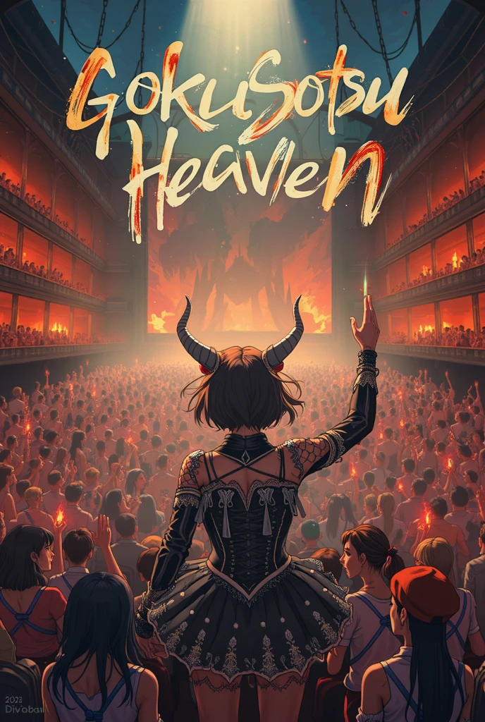 High-quality cinematic animation. The camera reveals a towering, ominous Japanese-style temple nestled in a volcanic landscape, with fiery magma rivers flowing in the background. The movie title, "Gokusotsu Heaven", shines with a brilliant, neon glow above the temple. The eyes of the demonic mask carved into the temple entrance pulse with an eerie red light. The red rope-like LED lamps adorning the temple gate flicker and blink with vibrant energy, illuminating the path leading inside. Long lines of enthusiastic anime fans, clutching glowing サイリウム (cyalume/penlights) and 扇子 (sensu/folding fans), move past imposing Jizo-shaped ticket checker displays and enter the gate. The atmosphere is a unique blend of hellish dread and J-Pop idol enthusiasm, conveying a sense of otherworldly excitement.
Cinematic animation, vivid colors, intense lighting.